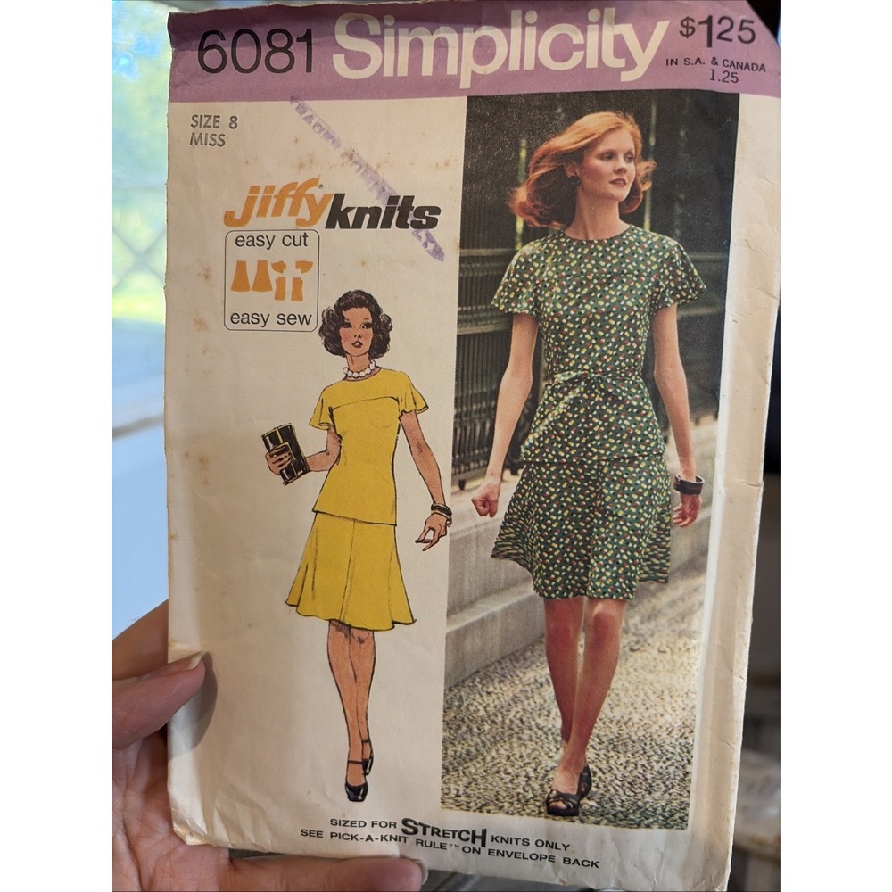 Simplicity 6081 Vintage 70s Jiffy Knit 2 Piece Dress Sewing Pattern Size 8 Cut